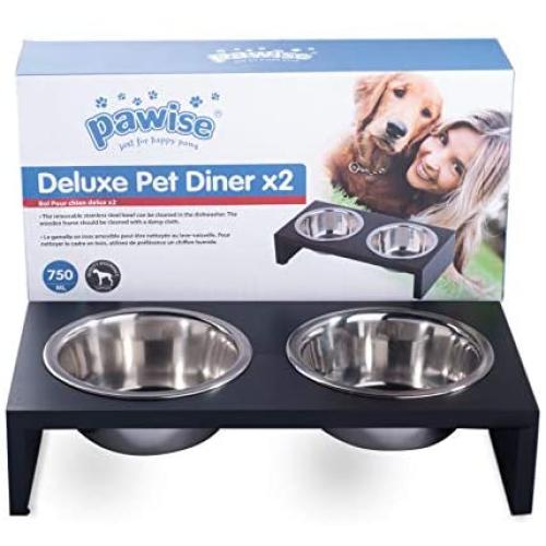 PAWISE Elevated Pet Feeder, Raised Dog Feeder Stainless Steel Bowl with Wooden Frame