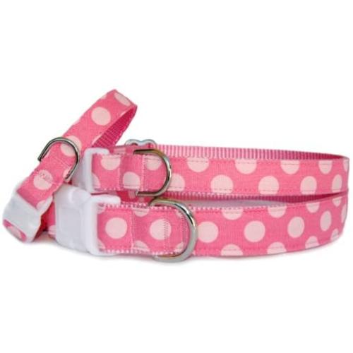 Polka dots Dog Collar : Coral Pink dot Cotton Fabric pet Collar 5/8 inch, 3/4 inch or 1 inch Wide for Puppy, Small Dog to Large Dog. Handcrafted and Made in The U.S.A.