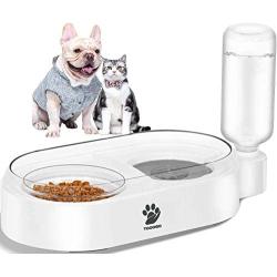 TOOOGO 2 in 1 Automatic Gravity Water Bowl & Food Bowl Set, Detachable No-Spill Pet Water Dispenser Bottle and Glass Feeder Bowl for Small or Medium Size Dogs Cats-Upgrade