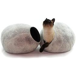 Kivikis Cat Bed, House, Cave, Nap Cocoon, Igloo, 100% Handmade from Sheep Wool Size: Large, L for 6-8 kg (12-16 pounds) cat. (Snow White)