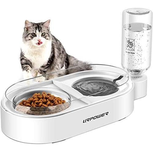 URPOWER Cat Bowls Small Dog Bowls 2 in 1 Water Food Bowl Non Slip Anti Spill Stable Design Separation Double Bowls with 17oz Automatic Water Dispenser Pet Food Water Dish for Cats Small Dogs and Pets
