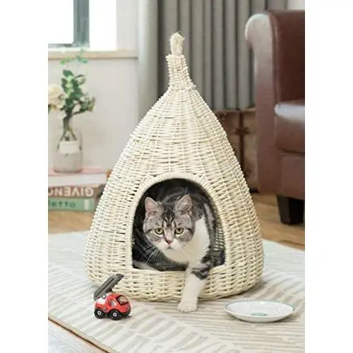 PawsMark Natural Willow Pet Sleeping Bed, Cave, Basket for Dog or Cats with Cushion, White (QI003681) PawsMark Natural Willow Pet Sleeping Bed, Cave, Basket for Dog or Cats with Cushion, White (QI003681)