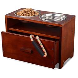 Elevated Dog Bowl Raised Pet Feeder Stand Upgraded Wooden Dog Feeding Station with Storage Drawer for Medium LargePets with 2 Stainless Bowls and Waterproof Pad (Need Assemble)