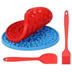 HOISTAC Dog Lick Mat Set For Bathing Grooming And Training，Dog Slow Feeder With 37 Powerful Suction Cups，Lick Pad For Dog Contains Silicone Spatula And Brush， Bathing Buddy For Dogs，2pcs, Blue And Red