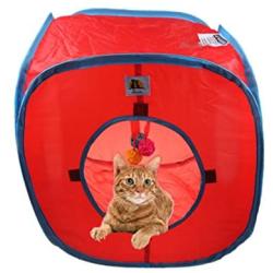 emours Flexible Pop Out Cat Kitty Play Cube Expandable Play Tunnel Cat Toys,with 4 Balls, Red