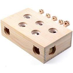 Cat Toys Interactive Mouse Solid Wooden Puzzle Box Whack A Mole Mouse 5 Holes, IQ Training Toy Adjustable Funny Treats Exercise Games for Puppys Kitten