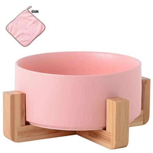 choemore Pet Ceramic Bowl, Wooden Support Base, Very Suitable for Wet Food, Dry Food and Water, to Protect The Spine of Pets, Dishwasher Safe and Clean