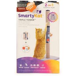 SmartyKat, Triple Tower, Cat Scratching Post, Vertical Combination Scratcher, with Burlap, Carpet and Jute, Includes 2 Bonus Catnip Cat Toys