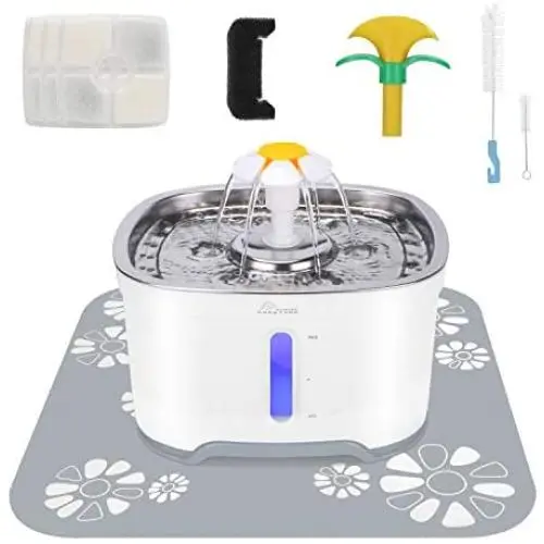 Cat Water Fountain Stainless Steel, 84oz/2.5L Pet Water Fountain with Intelligent Pump and LED Indicator for Water Shortage Alert, Water Level Window