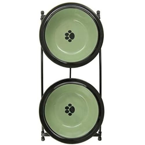 PetRageous Buddys Best Steel Frame Non-Skid Raised Dog Feeder 13-Inch Long by 5.75-Inch Wide by 3-Inch Tall with 2 Dishwasher Safe Stoneware 6-Inch 2-Cup Capacity Bowls