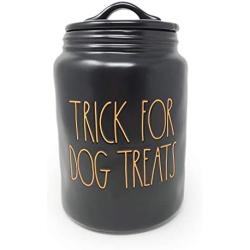Rae Dunn By Magenta TRICK FOR DOG TREATS Black Ceramic LL Large Pet Canister With Orange Letters