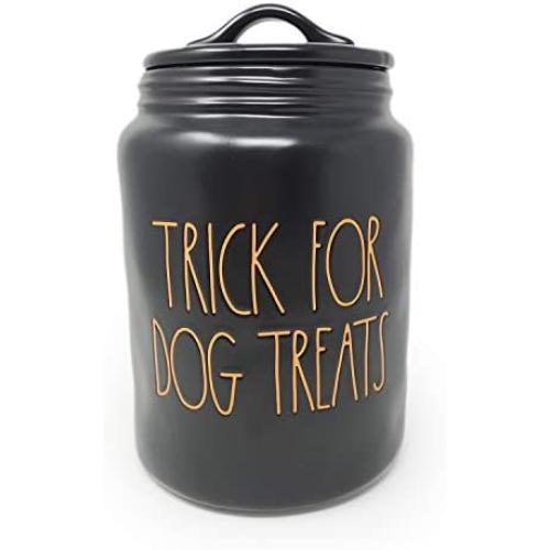 Rae Dunn By Magenta TRICK FOR DOG TREATS Black Ceramic LL Large Pet Canister With Orange Letters