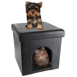 PETMAKER Pet House Ottoman- Collapsible Multipurpose Cat or Small Dog Bed Cube and Footrest with Cushion Top and Interior Pillow