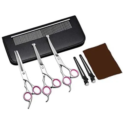 Dog Grooming Scissors Kit with Safety Round Tip, Heavy Duty Titanium Coated Pet Grooming Trimmer Kit - Thinning, Straight, Curved Shears Comb for Long Short Hair for Cat Pet ((3+1)PC) Dog Grooming Scissors Kit with Safety Round Tip, Heavy Duty Titanium Coated Pet Grooming Trimmer Kit - Thinning, Straight, Curved Shears Comb for Long Short Hair for Cat Pet ((3+1)PC)