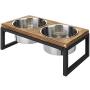 MyGift Rustic Burnt Wood & Black Metal Pet Dog and Cat Raised Double Feeder with Stainless Steel Bowls, Small to Medium Sized Pets
