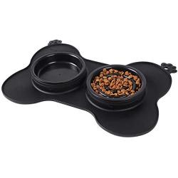 Aebor Slow Feeder Pet Bowl with Water Bowl for Dogs Cats and Pets,No-Spill Non-Skid Silicone Mat，Black