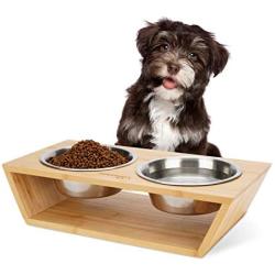 Wantryapet Elevated Dog Cat Dog Feeder with 2 Stainless Steel Bowls, Bamboo Raised Stand Pet Feeder Perfect for Small Dogs & Cats