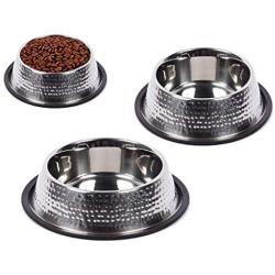 King International Stainless Steel Hammered Dog Bowls with Anti-Skid Rubber Base Set of 3- Small (16 Oz) Medium (24 Oz) Large (32 Oz)- Pet Feeding Bowl for Dogs, Puppy Cat and Kitten