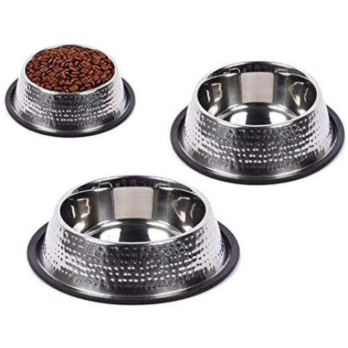 King International Stainless Steel Hammered Dog Bowls with Anti-Skid Rubber Base Set of 3- Small (16 Oz) Medium (24 Oz) Large (32 Oz)- Pet Feeding Bowl for Dogs, Puppy Cat and Kitten