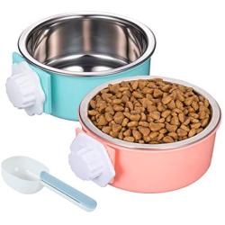 Linifar Crate Dog Bowl, Removable – 2 Pack of Stainless Steel Hanging Pet Holder Cat Cage Food Bowl & Kennel Water Feeder with Food Spoon for Puppy Bird Ferret Guinea Pig Rat Chinchilla