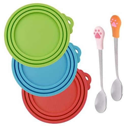 SENHAI 3 Pcs Silicone Pet Can Covers & 2 Pcs Pet Spoons, Canned Food Lid and Spoon for Dog and Cat, One Meet Three Sizes - Red Green, Light Blue