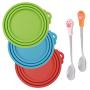 SENHAI 3 Pcs Silicone Pet Can Covers & 2 Pcs Pet Spoons, Canned Food Lid and Spoon for Dog and Cat, One Meet Three Sizes - Red Green, Light Blue