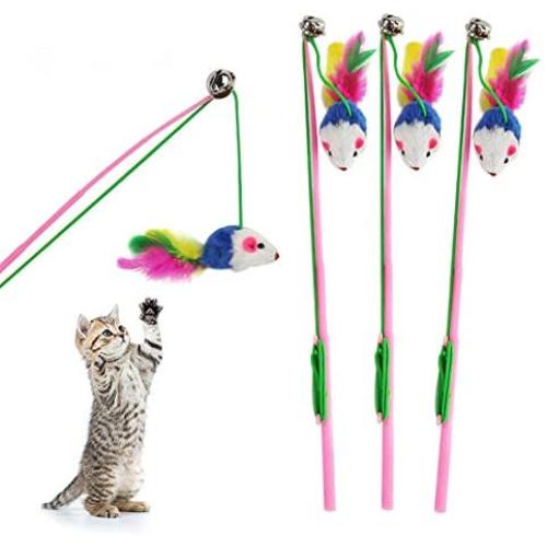 Ttzz Cat Teaser,Mouse Shape Cat Teaser with Coloured Feather Interactive Bell Toy for Pet Training