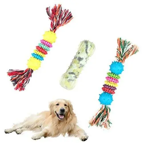 NPTCL Dog Chew Toys Puppy Teething Toys Squeaky Pet Toys with Rope for Small and Medium Dogs, Non Toxic Rubber, 3 Pack…