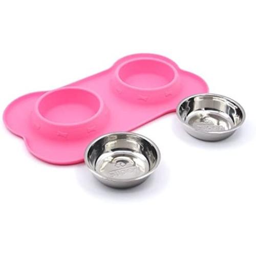 Super Design Stainless Steel Water Food Bowls in Non-Skid & No Spill Silicone Mat,for Small Dogs or Cats, Small, Pink
