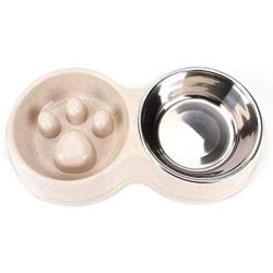 Rantow Double Dogs Bowls - Non-Slip Slow Feeder Dog Bowl Preventing Choking Fun Stainless Steel Pet Drink Water Bowl for Medium Small Dogs Cats