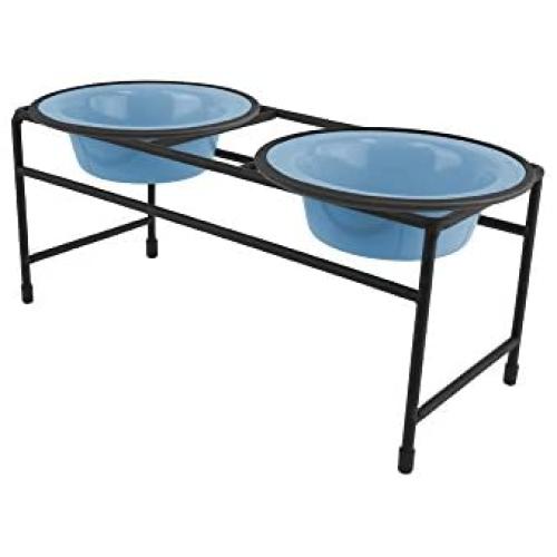 Platinum Pets Double Diner Feeder with Stainless Steel Cat Bowls, 6 oz, Blue
