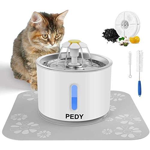 pedy Cat Water Fountain Stainless Steel, Automatic Pet Fountain with LED Light Switch & Water Level Window, Dog Water Dispenser with 2 Replacement Filter and Flower Silicone Mat, 81oz/2.4L