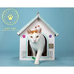 Breezy Beach Cottage - Beach Lake Vacation Playhouse for Cats, Kittens, Rabbits & Bunny. Cardboard Box House Condo Cave Furniture Bed Includes Giant Sticker Sheet for Decorating