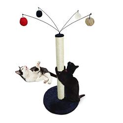 Furhaven Pet Cat Furniture - Tiger Tough Fuzz Ball Hanging Toy Cat Scratcher Post Entertainment Cat Tree Playground for Cats and Kittens, Blue