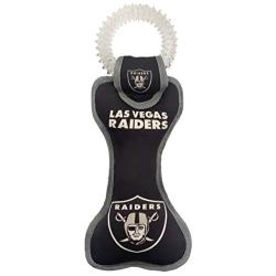 Pets First NFL Las Vegas Raiders Football Dental Tough Dog TUG Bone Toy with Built-in Squeaker Attached to a Safe Rubber Teething Toothbrush PET Toy, Team Color, (OAK-3310), 14 x 5