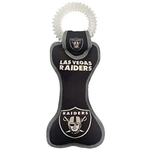 Pets First NFL Las Vegas Raiders Football Dental Tough Dog TUG Bone Toy with Built-in Squeaker Attached to a Safe Rubber Teething Toothbrush PET Toy, Team Color, (OAK-3310), 14 x 5 Pets First NFL Las Vegas Raiders Football Dental Tough Dog TUG Bone Toy with Built-in Squeaker Attached to a Safe Rubber Teething Toothbrush PET Toy, Team Color, (OAK-3310), 14 x 5
