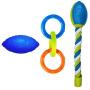 Nerf Dog 3-Piece Dog Toy Gift Set, Includes 7in TPR Classic Squeak Football, 10.5in TPR 3 Ring Tug, and 14.5in TPR 2-Part Nitro Blitz Squeak Football with Rope Tail, Nerf Tough Material, Multicolored