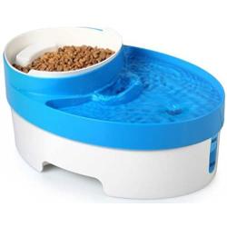 Filtered Pet Fountain Feeder with Removable Food Bowl and Built-In Nightlight Safety Light - Great for Cats and Dogs - Super Quiet Operation - Holds and Filters Up To Three Liters of Water - BPA Free - Blue