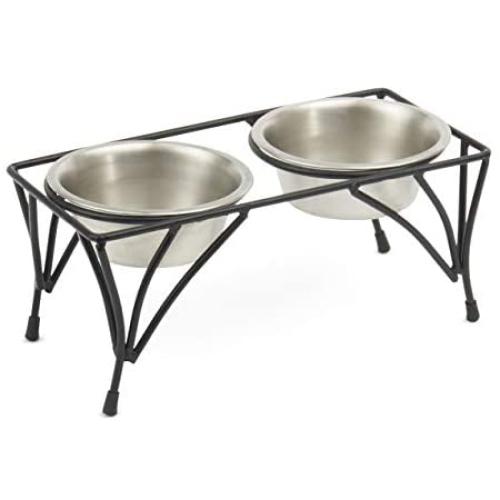PetRageous 12111SS Moon Metal Non Slip Dog Diner, Black, 1-Cup Capacity, Two Dishwasher Safe Stainless Steel Bowls, 5-Inch Tall Feeder, for Small and Medium Dogs and Cats