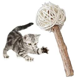 ocijf179 Cat Toy Pet Cat Kitten Wood Matatabi Bell Rattan Ball Snack Stick Molar Chewing Toy - Wood Color
