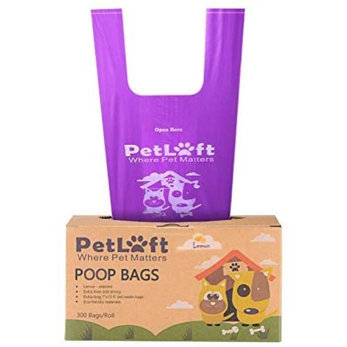 Petloft Dog Poop Bags with Easy Tie Handles,300 Count scented, Durable EPI Biodegradable Environment Friendly Dog Waste Bag Poop Bag,Purple (Purple, Lemon Scented)