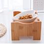 ikjuh Ceramic Cat Bowl with Wood Stand Pet Bowl Heart Shaped Easy Clean 15°Raised Spine Protection Skid Resistance