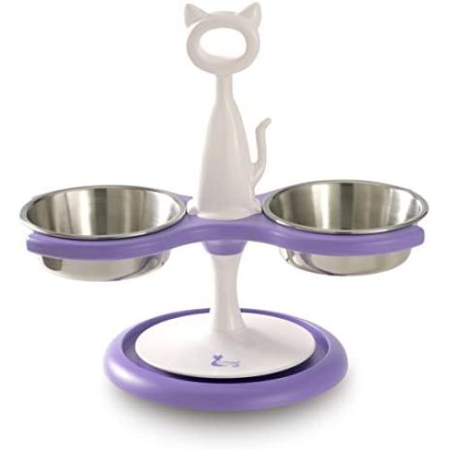 Catswall Design Raised Mutli-Cat Feeder with 2 Stainless Steel Bowls, Cool Purple