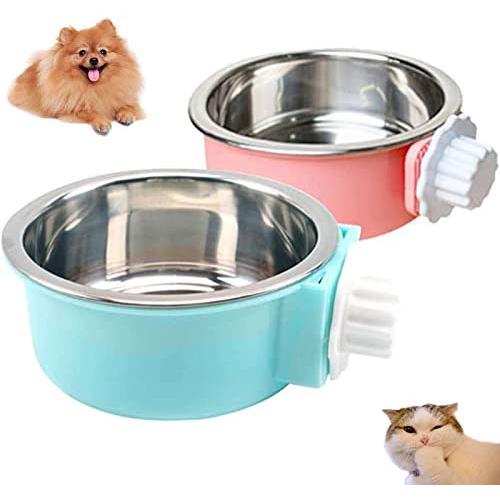 2 Pcs Dog Crate Water Bowl No Spill, Stainless Steel Removable Dog Food Bowls, No Spill Dog Bowl for Crate, Hanging Food Water Feeder Coop Cup for Pet, Puppy, Birds, Rats, Guinea Pigs ( Pink, Blue )