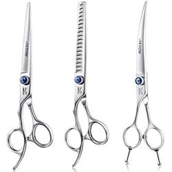 JASON Left Handed 7'' Dog Grooming Scissors, Ergonomic Blending, Chunkers, Curved, Straight Cat Pet Hair Trimming Thinning Shears with Offset Handle and a Jewelled Screw, Professional