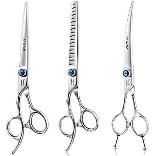 JASON Left Handed 7'' Dog Grooming Scissors, Ergonomic Blending, Chunkers, Curved, Straight Cat Pet Hair Trimming Thinning Shears with Offset Handle and a Jewelled Screw, Professional