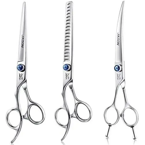 JASON Left Handed 7'' Dog Grooming Scissors, Ergonomic Blending, Chunkers, Curved, Straight Cat Pet Hair Trimming Thinning Shears with Offset Handle and a Jewelled Screw, Professional