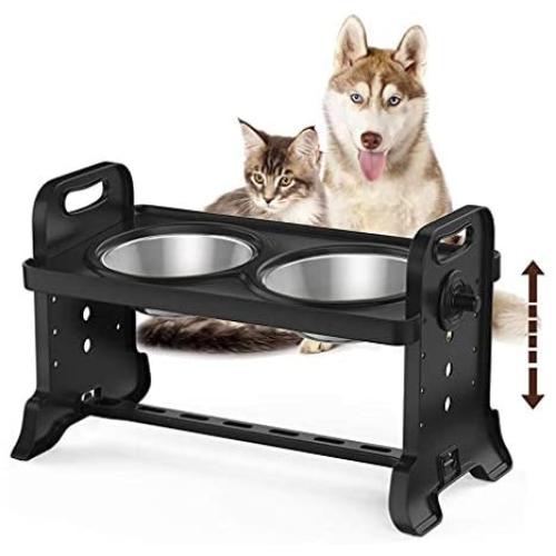 Elevated Pet Feeder,Stainless Steel Pet Feeding Bowl Raised Elevated Twin Dog Bowls Water Food Feeder,Three Adjustable Height Raised Dog Pet Feeding Station Stand Removable Double Bowls