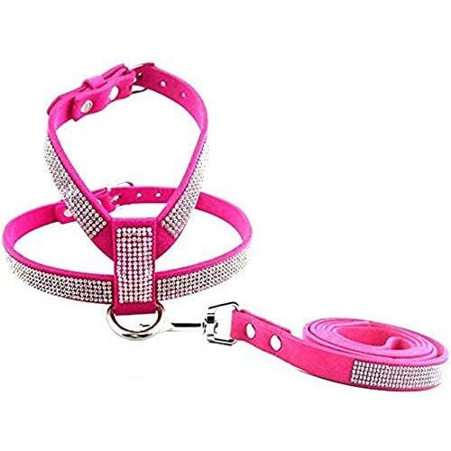 PETCARE Sparkly Rhinestone Bling Dog Harness and Leash Set Soft Korean Velvet Microfiber Shining Diamonds Pet Collar Harness Vest for Puppy Small Dogs Cats