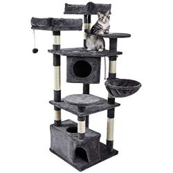 SUPERJARE Cat Tree Equipped with Spacious Perches & Plush Condos, Multi-Level Kitten Activity Tower with Scratching Posts & Basket Lounger